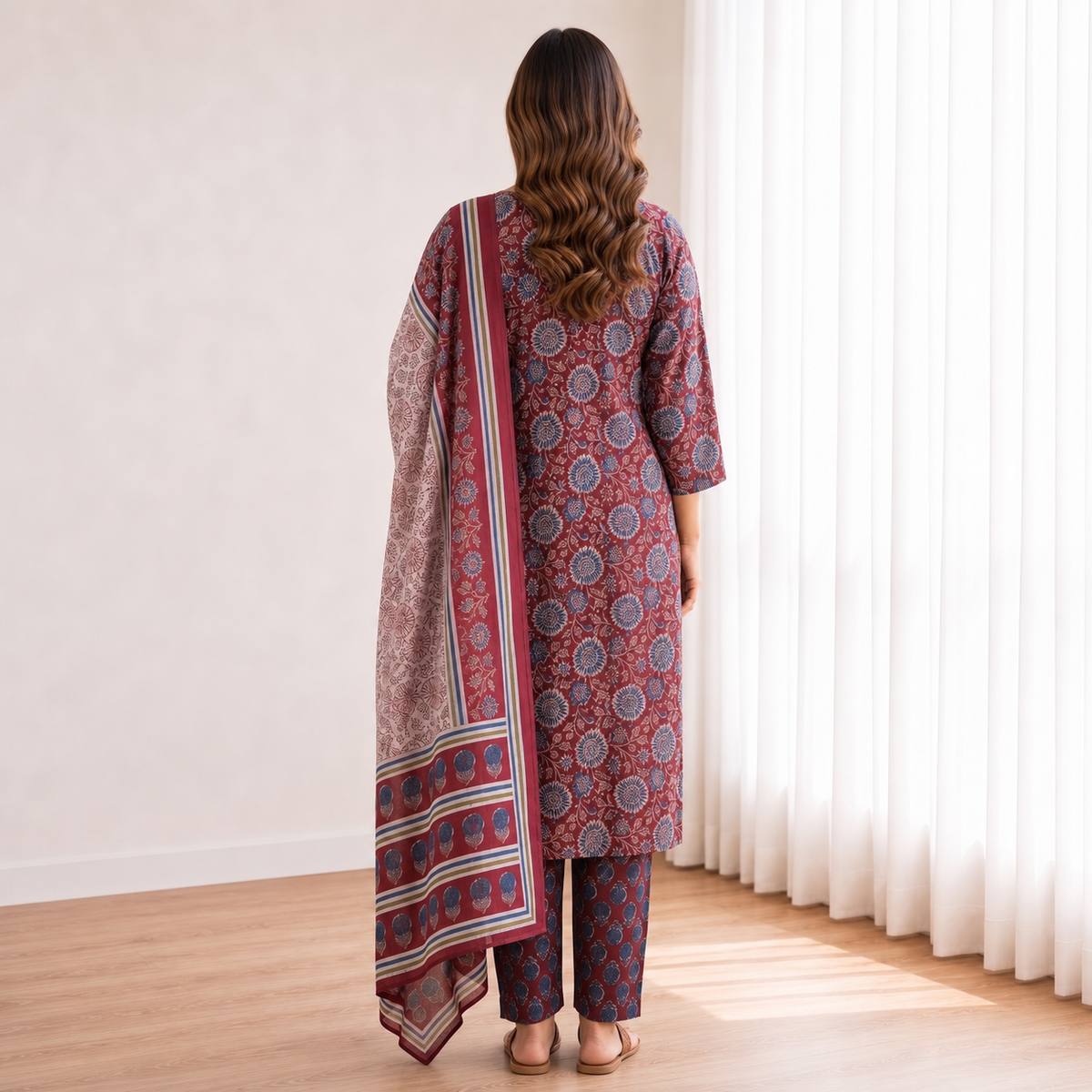 Cotton Maroon Floral Printed 3-Piece Kurta Set SKU CAC-K3P-FP-M-1