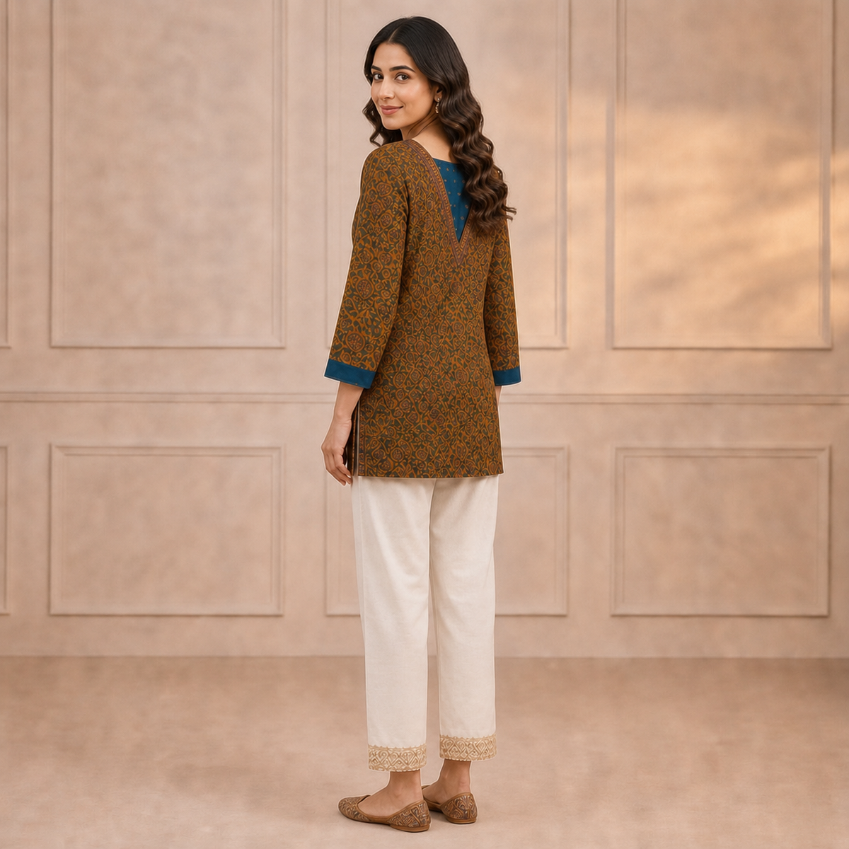 Brown Printed Cotton Straight Kurti with Blue Contrast Yoke SKU CAC-KS-SC-B-1