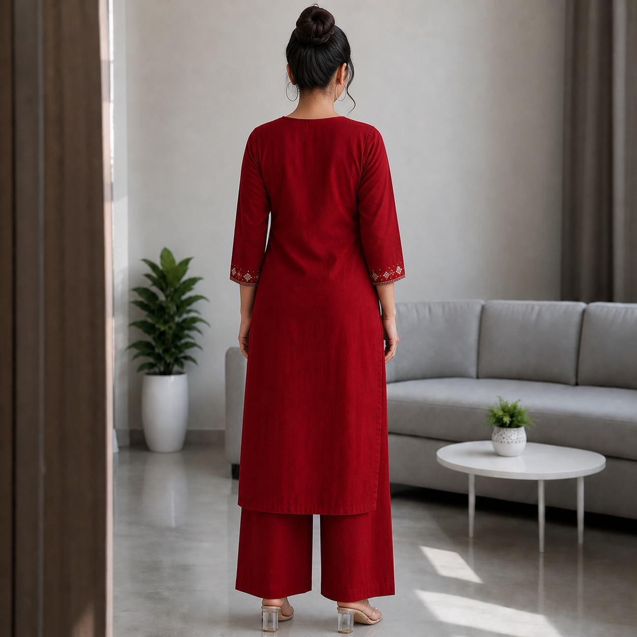 Deep Red Cotton 2-Piece Straight Kurti Palazzo Set SKU CAC-K2P-S-R-1