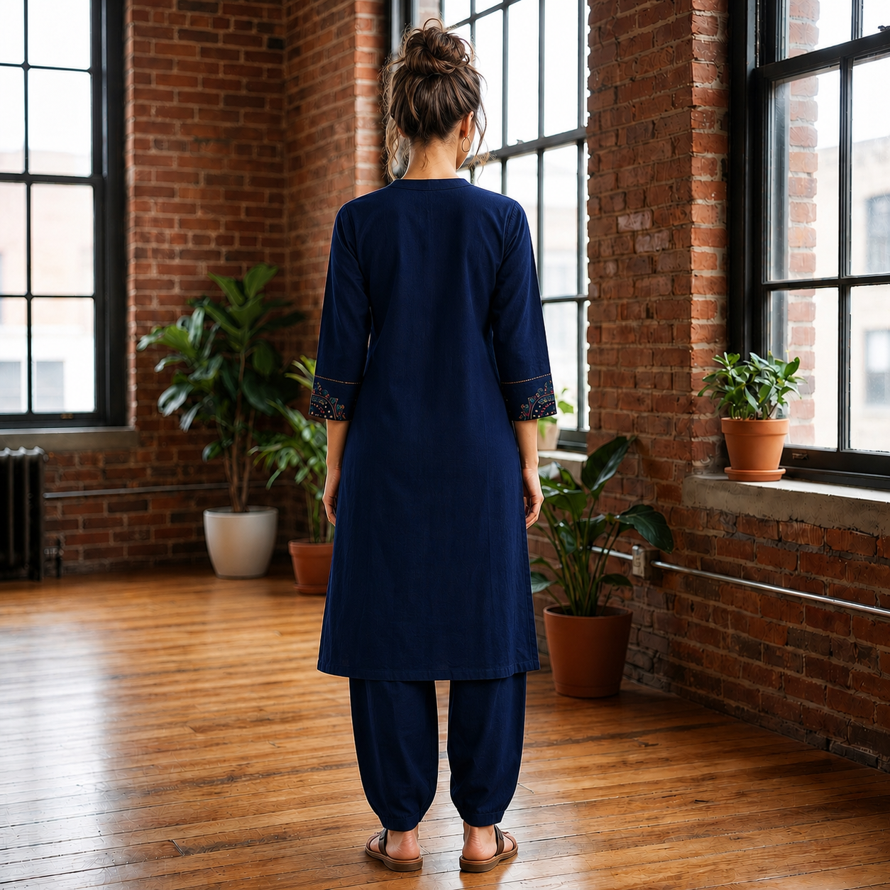 Dark Indigo Cotton 2-Piece Kurti Set with Decorative Front Panel & Matching Bottom SKU CAC-K2P-CS-DI-1