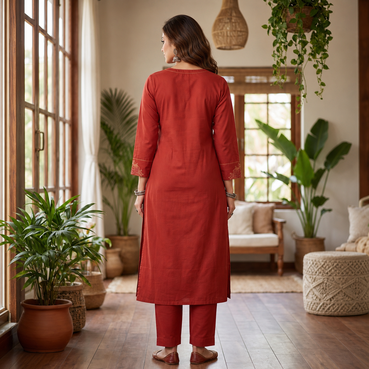Rust Cotton 2-Piece Kurti Set with Decorative Front Panel & Straight Pants SKU CAC-K2P-CS-R-1
