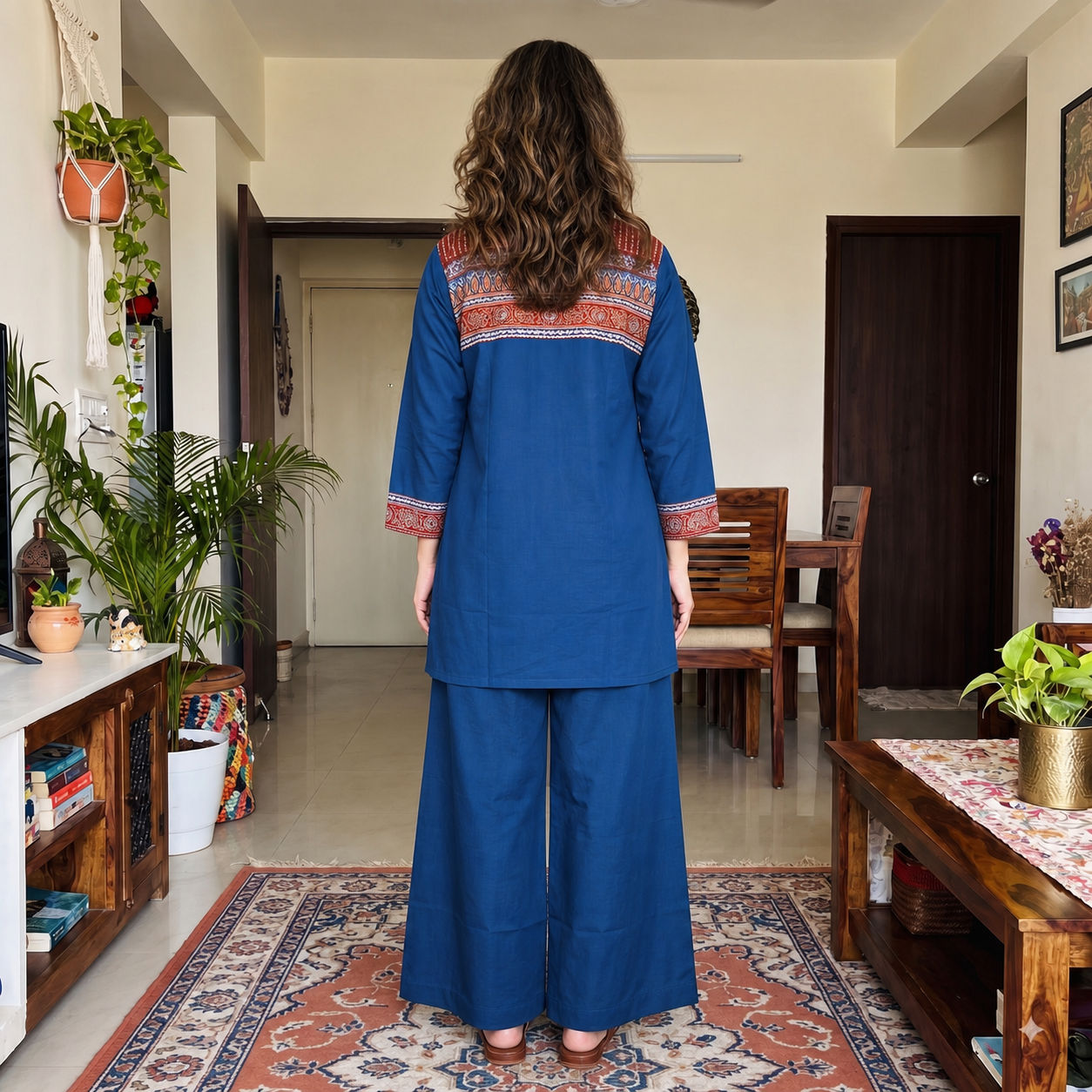Blue Cotton Printed Yoke 2-Piece Kurti Set with Palazzo SKU CAC-K2P-C-B-1