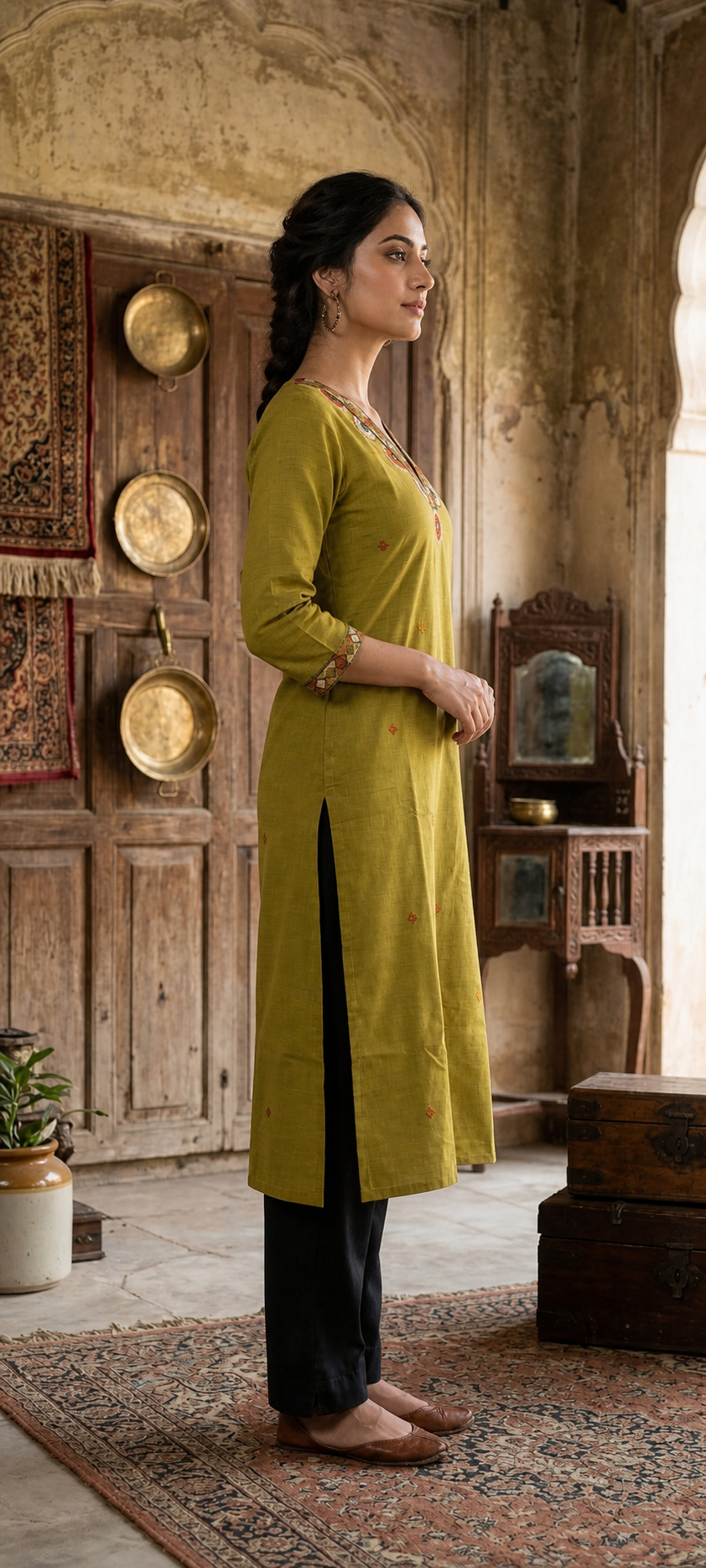 Kurti Long Cotton Slub Work SKU - CAC-KL-CSW-OG-1084