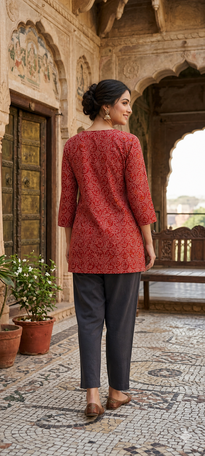 Rust Red Bandhani Modal Short Kurti for Women CAC-KS-BM-R-142