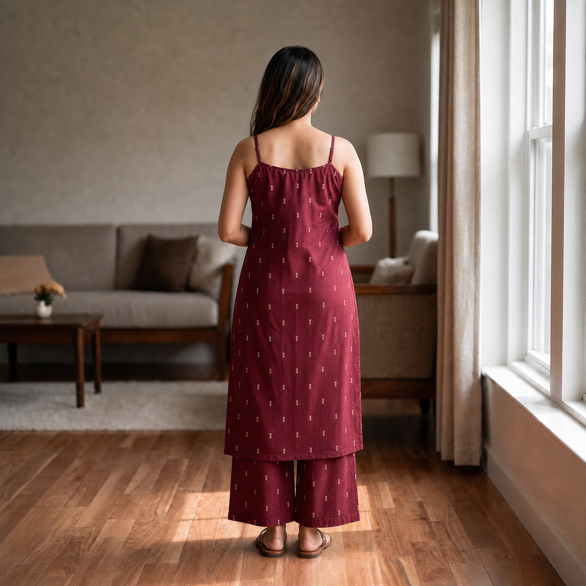 Maroon Cotton Sleeveless 2-Piece Co-ord Set with Matching Straight Pants SKU CAC-K2P-SL-M-1