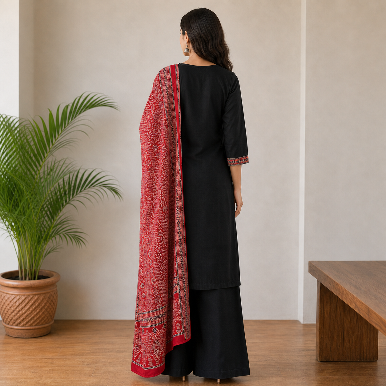 Women's Black Dhabu Cotton Kanch Work 3-Piece Suit Set with Printed Dupatta & Palazzo SKU CAC-K3P-DC-B-1