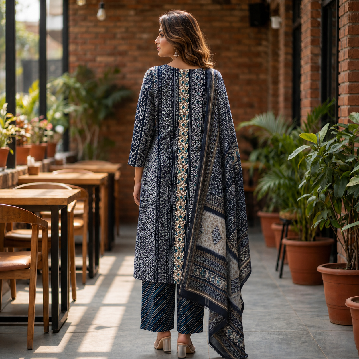 Women's Navy Blue Printed Cotton 3-Piece Kurti Set with Palazzo & Matching Dupatta SKU CAC-K3P-NB-1