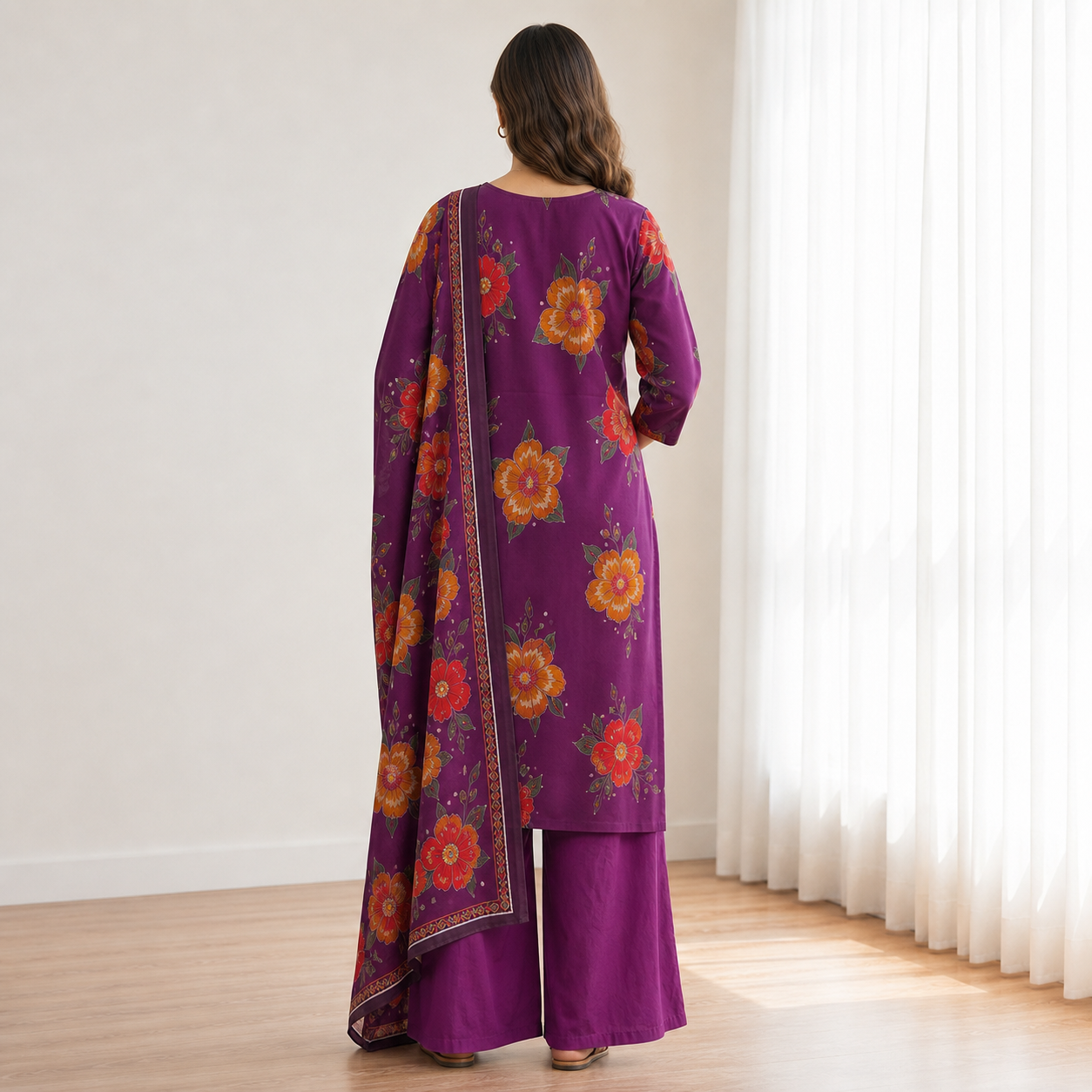 Women's Purple Floral Printed Cotton 3-Piece Kurti Set with Palazzo & Matching Dupatta SKU CAC-K3P-P-1