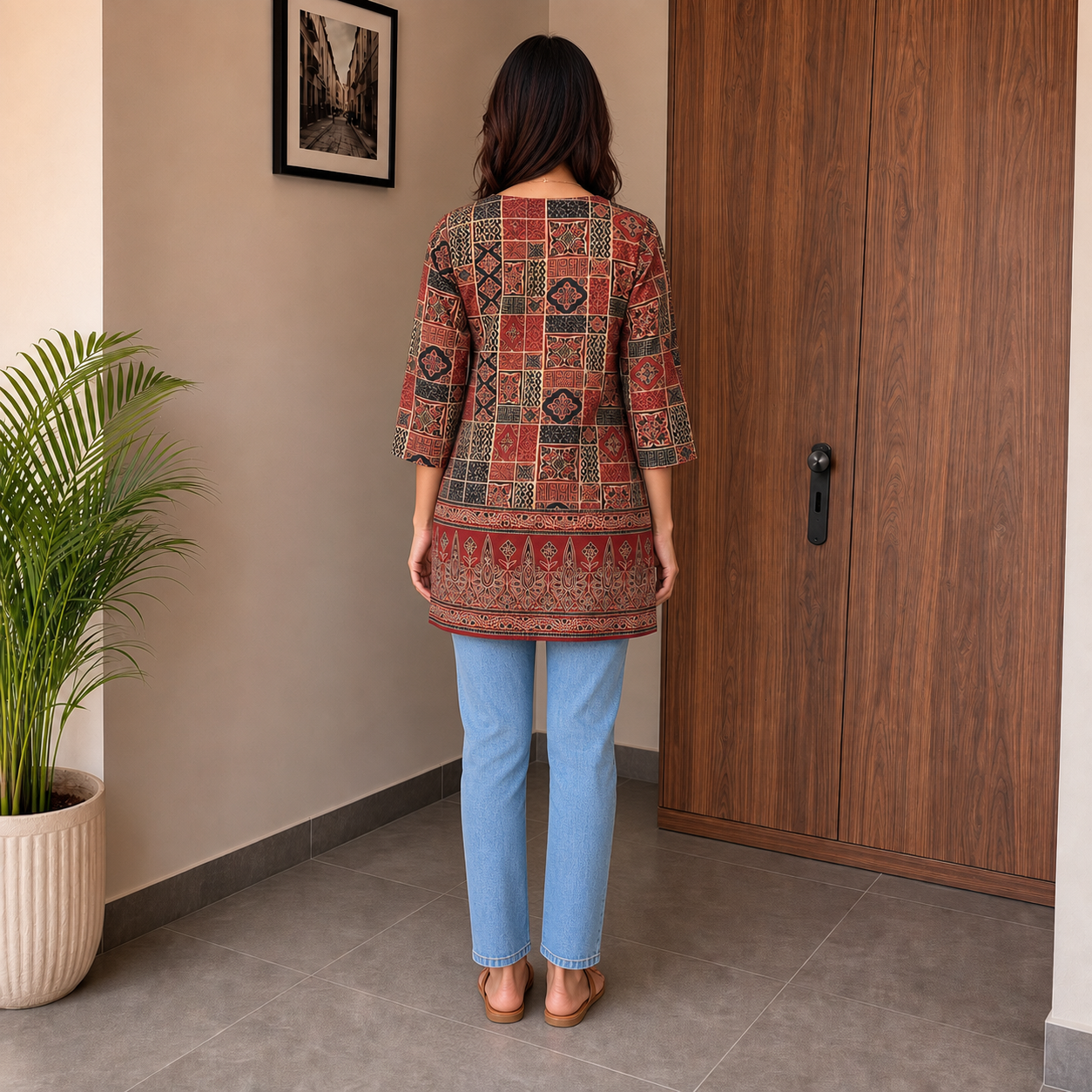 Maroon Printed Kurti with V-Neck & 34 Sleeves SKU CAC-KS-CP-M-2