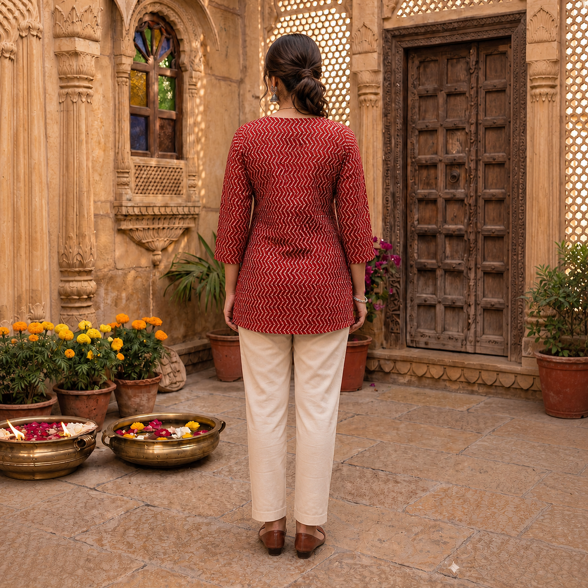 Red Geometric Printed Kurti with 3/4 Sleeves SKU CAC-KS-GP-R-1