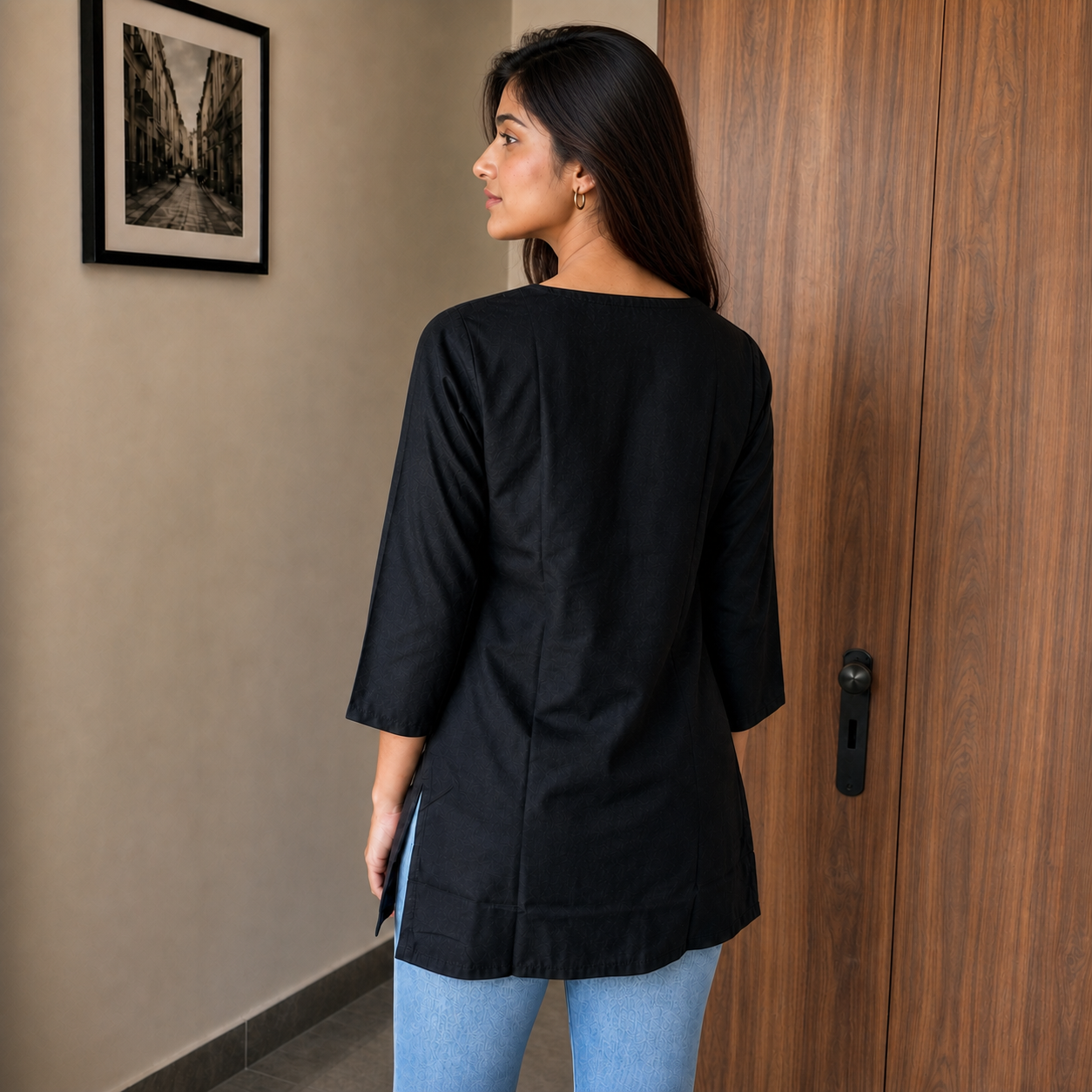Heavy Rayon Self Work Short Top for Women SKU CAC-KS-R-B-1