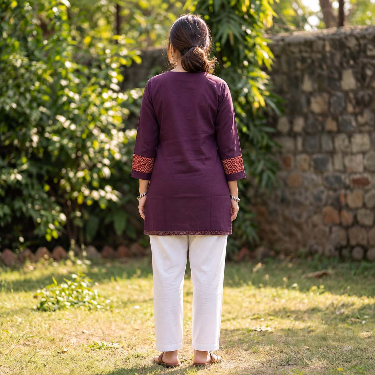 Women's Purple Cotton Kurti Contrast Printed Yoke Straight Ethnic Kurti SKU CAC-K-C-P-1