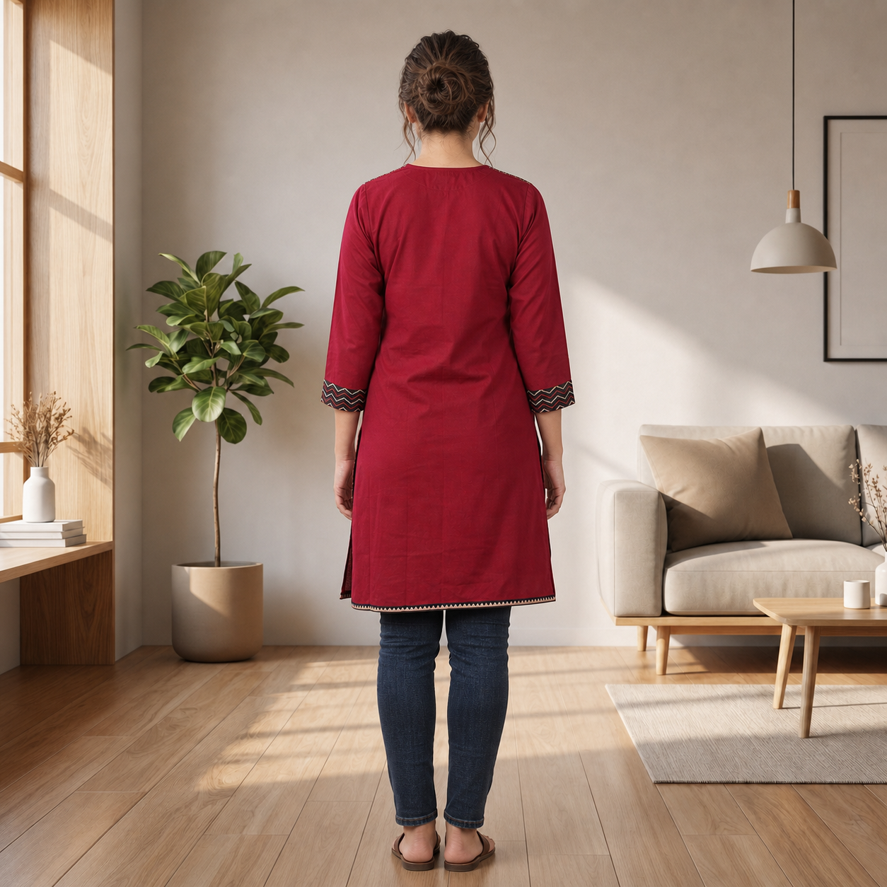 Women's Maroon Cotton Straight Kurti with Printed Yoke & Front Placket Design SKU CAC-KL-CS-M-1
