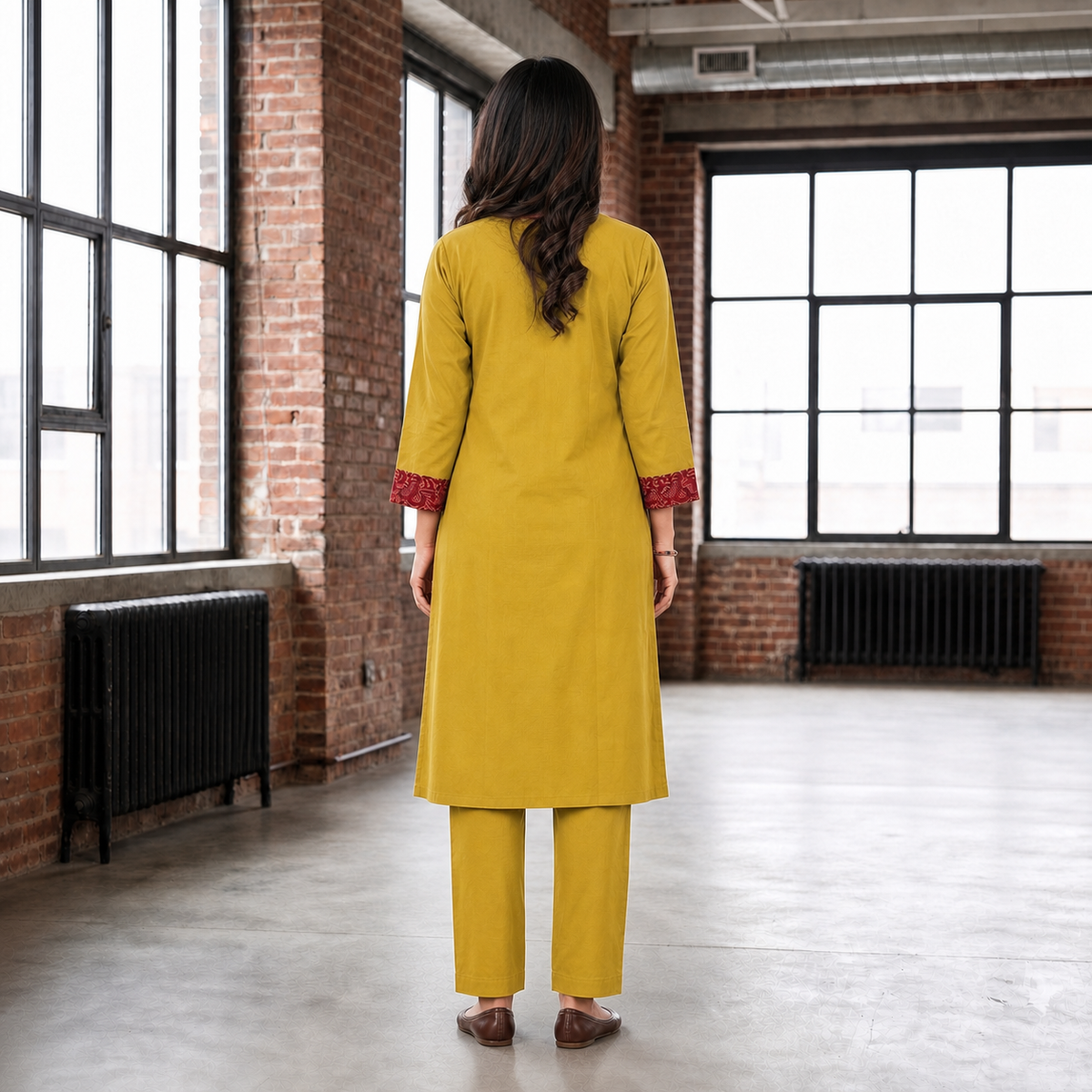 Mustard Cotton 2-Piece Kurti Set for Women Maroon Patterned Detail SKU CAC-K2P-C-M-1