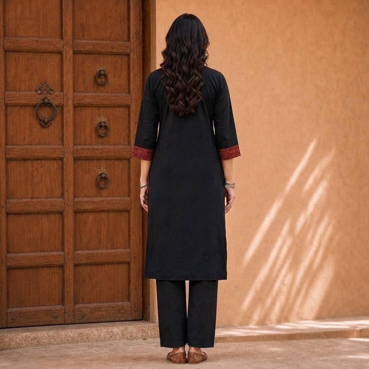Black Cotton 2-Piece Kurti Set with Contrast Detailing SKU CAC-K2P-B-1