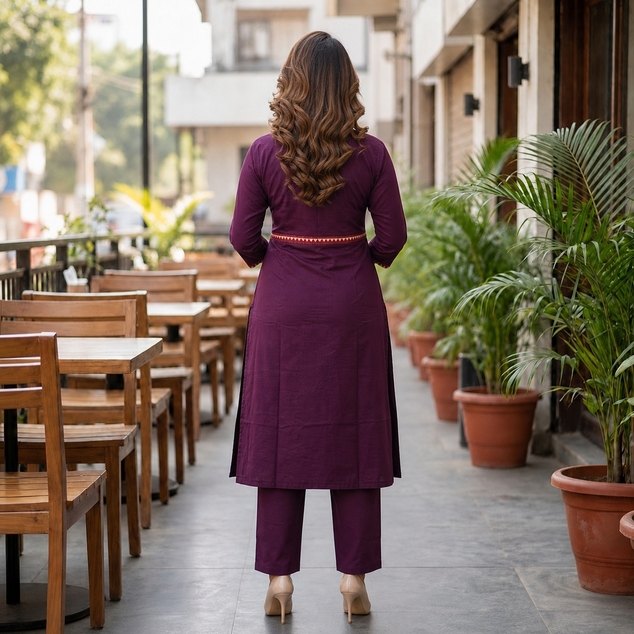 Women's Wine Cotton 2-Piece Straight Kurti Set with Geometric Contrast Yoke SKU CAC-K2P-WC-1