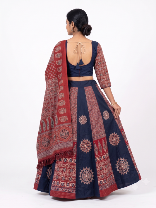 Ajrakh Chakar Pech Printed Chaniya Choli Set with Printed Dupatta Navy Blue & Maroon SKU CAC-CC-ACP-NBM-1-1