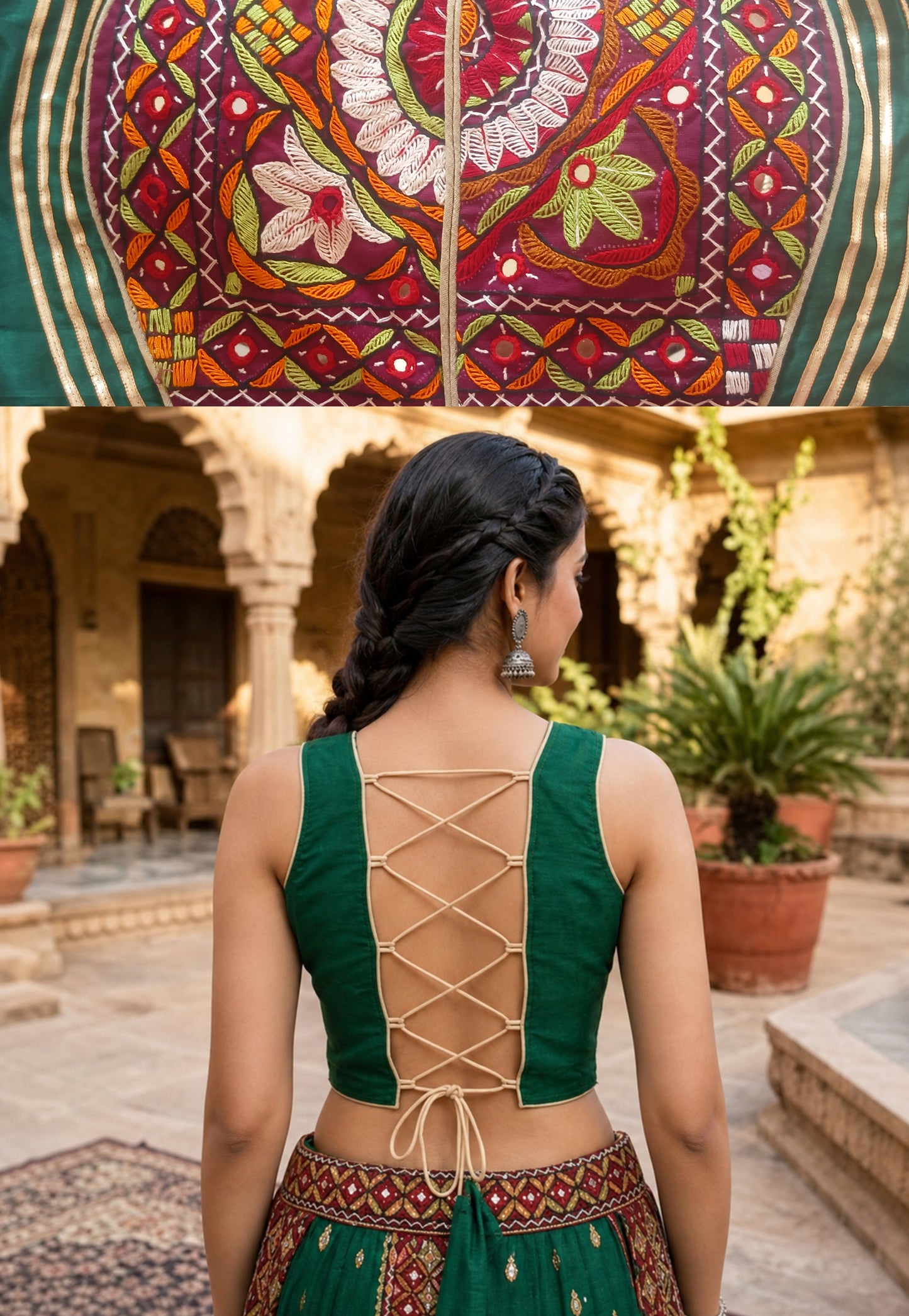 Kutchi Embroidery Sleeveless Blouse with Lace-Up Back CAC-BL-BHP-G-1