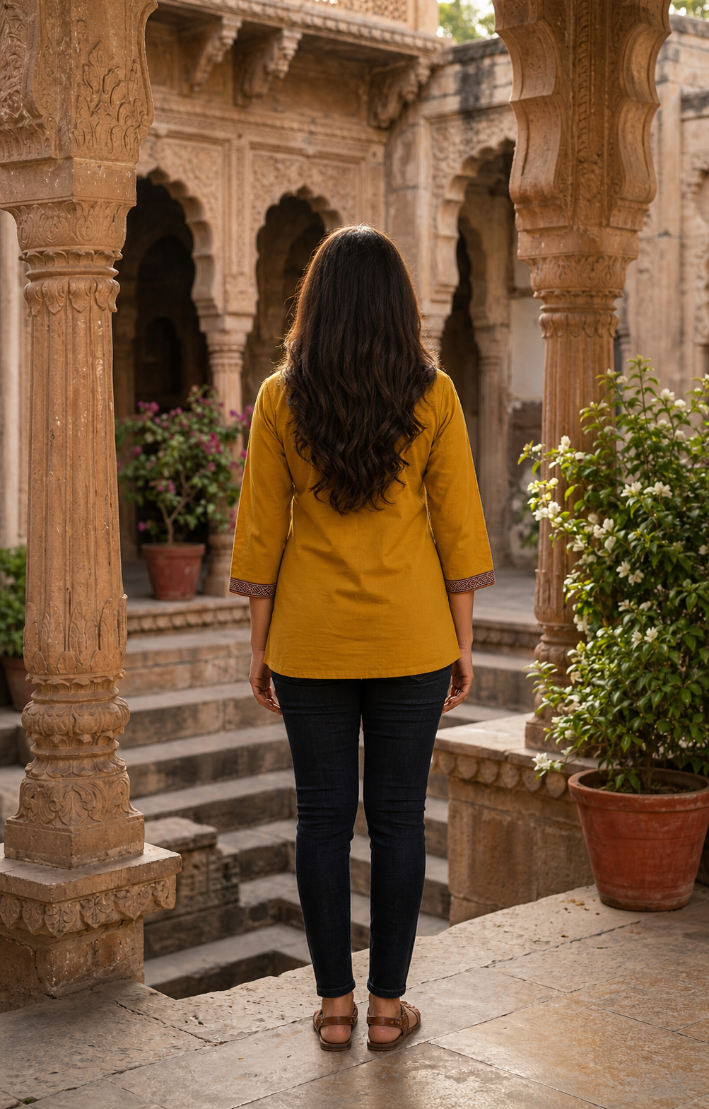 Cotton Dhabu Mirror Work Short Kurti for Women | Mustard Yellow CAC-KS-CD-Y-181