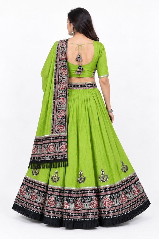 Olive Green Ajrakh Gota Patti Chaniya Choli with Printed Dupatta SKU CAC-CC-AGP-OG-2-2