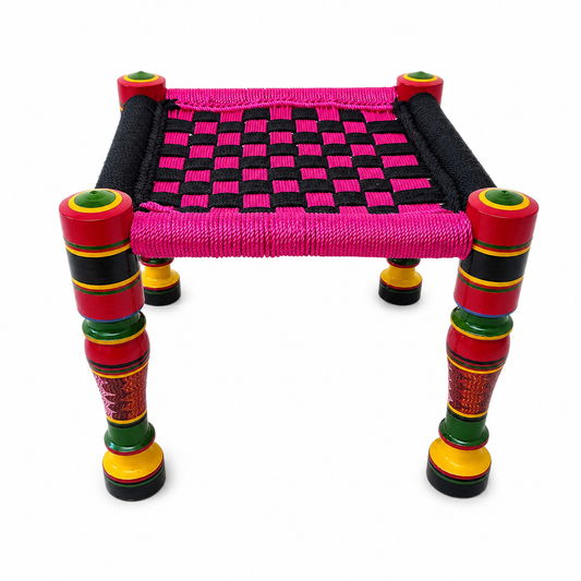 Handcrafted Multicolor Lacquer Art Wooden Sitting Stool with Woven Seat(Piece 1) SKU - CAC-LA-WSS-1