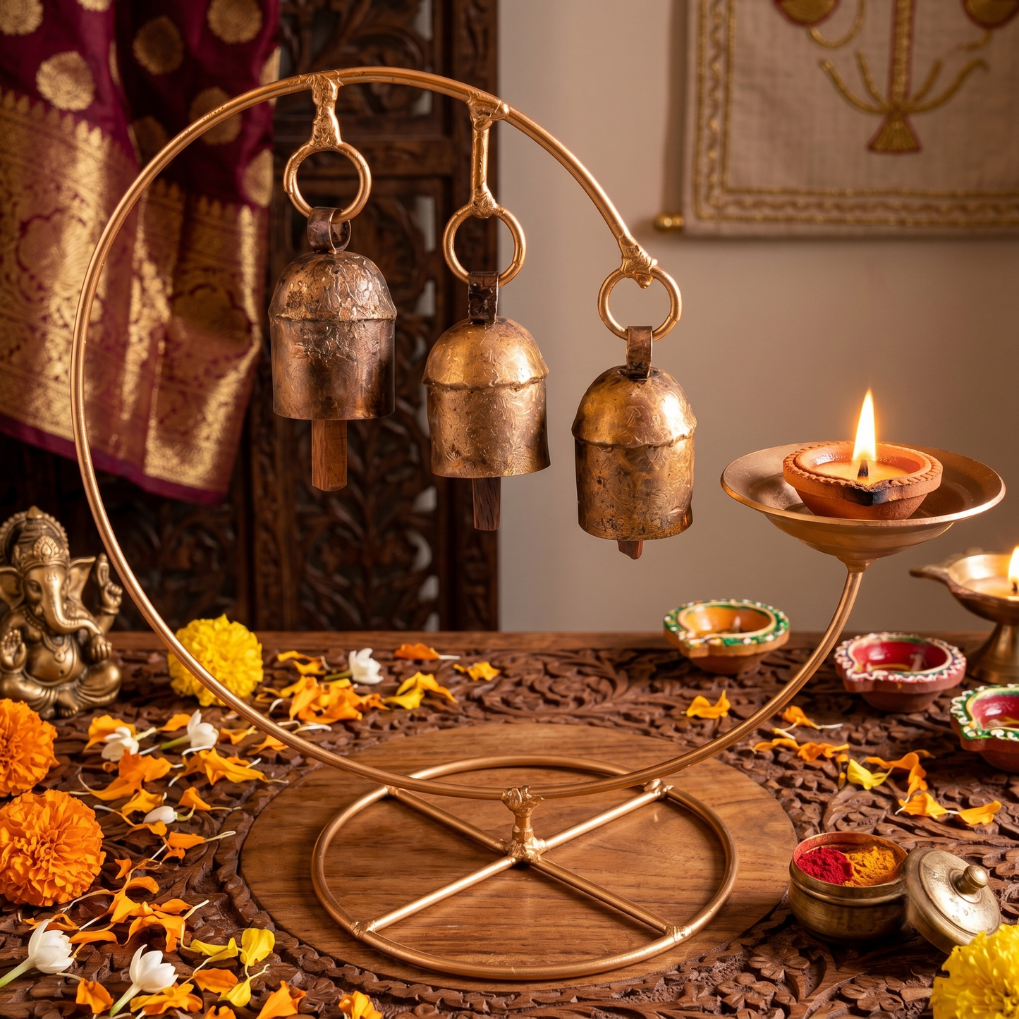 Copper Bell Diya 3 Bells SKU - CAC-CB-D3B-1