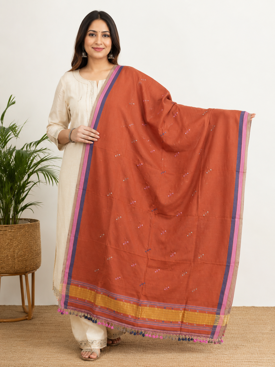 Kala cotton Dupatta Rust Orange SKU CAC-KC-D-RO-1