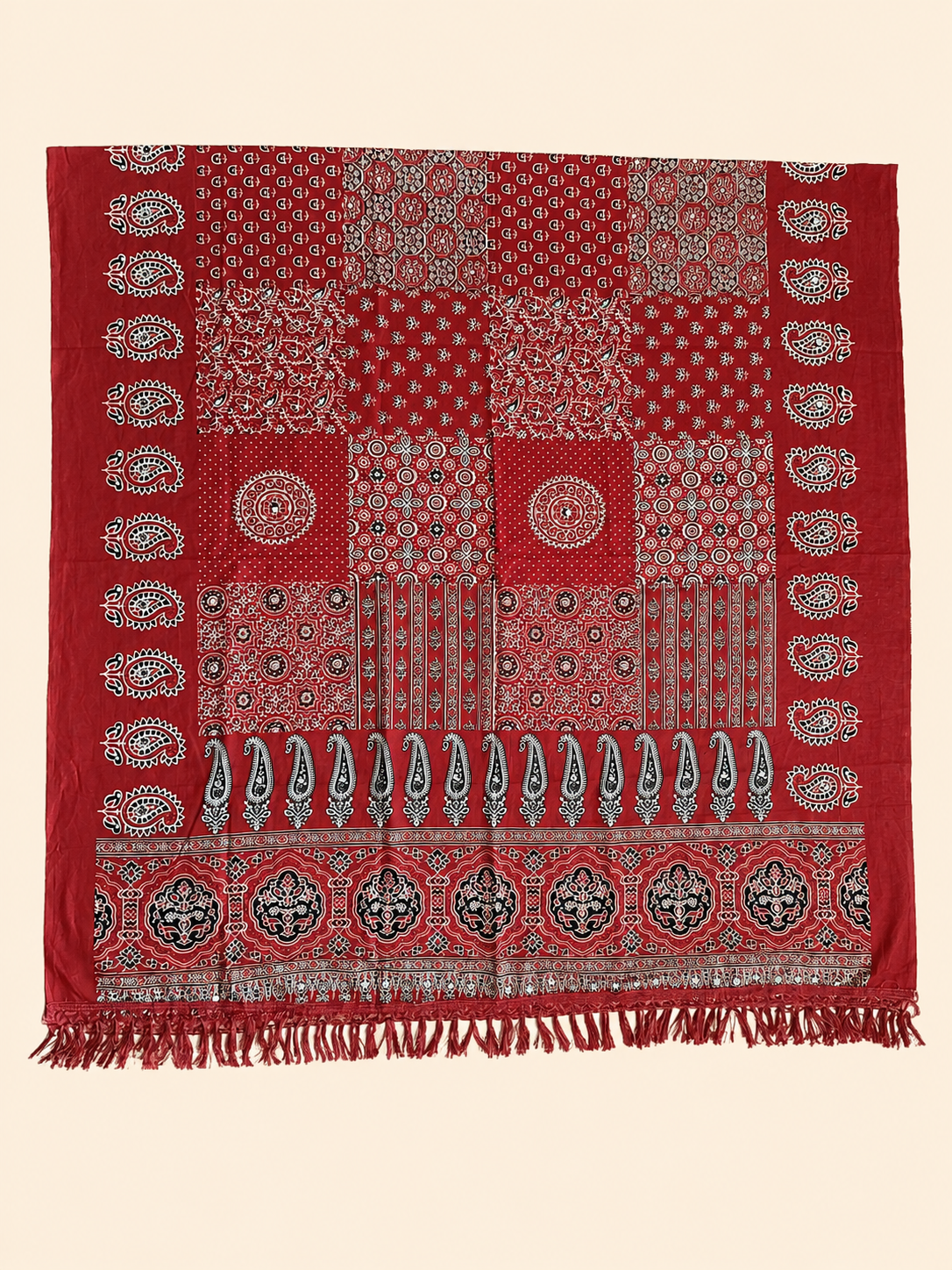 Ajrakh Chakar Pech Chaniya Choli Set with Printed Dupatta White & Maroon SKU CAC-CC-ACP-WM-1-3