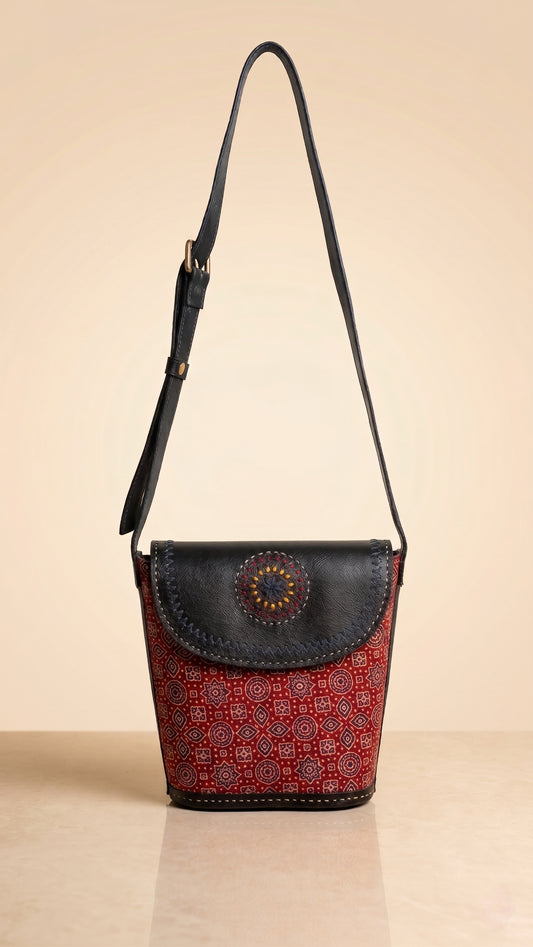 Ajrakh Ember Leather Sling Bag Red SKU CAC-ALSB-R1