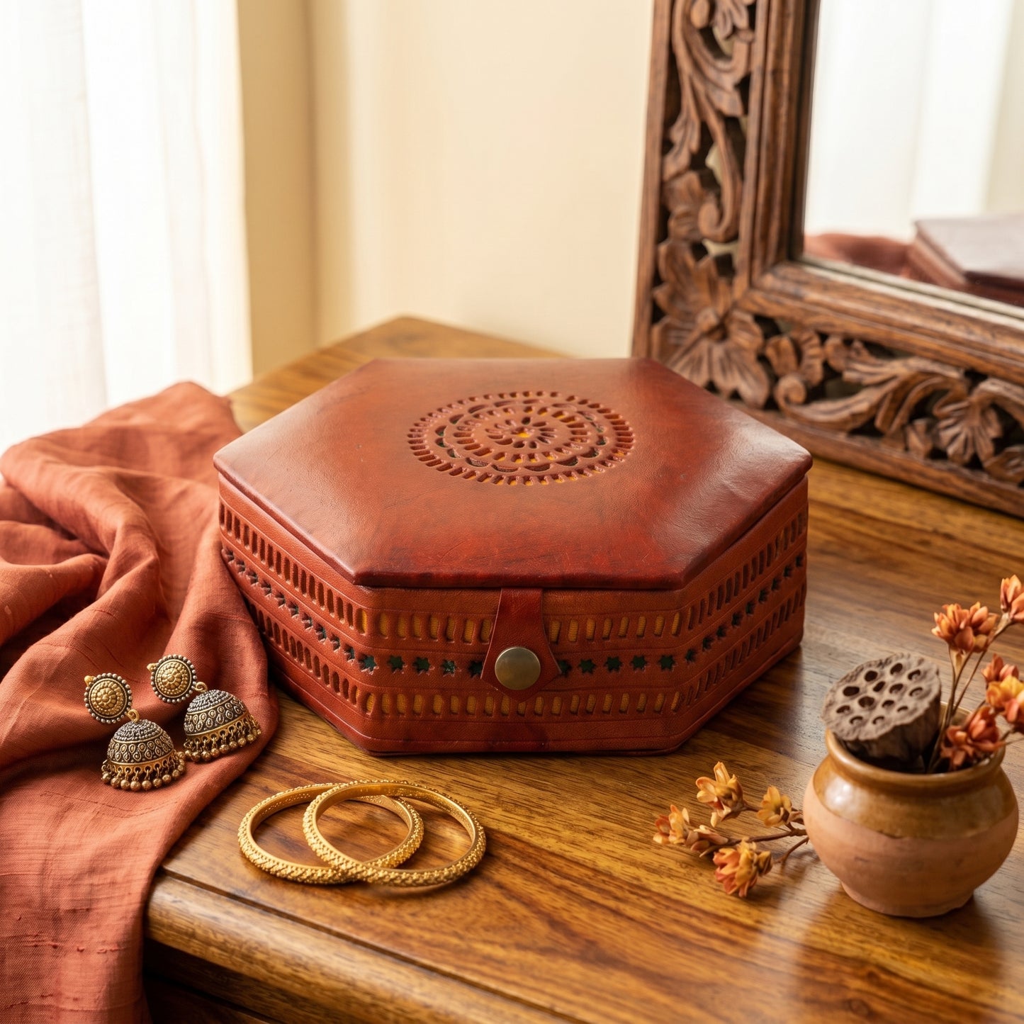 Handcrafted Hexagon Jewellery Box Leather With Mirror Ajrakh SKU - CAC-L-JB-1