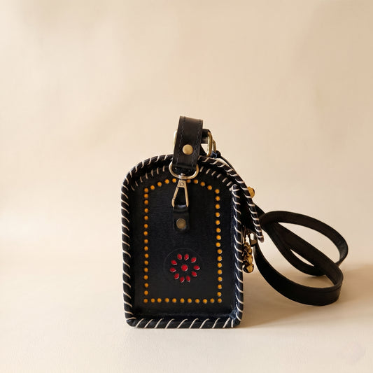 Handcrafted Black Leather Bag Ghunghroo With Yellow & Red Punch (19CM) SKU - CAC-LB-GYR-1