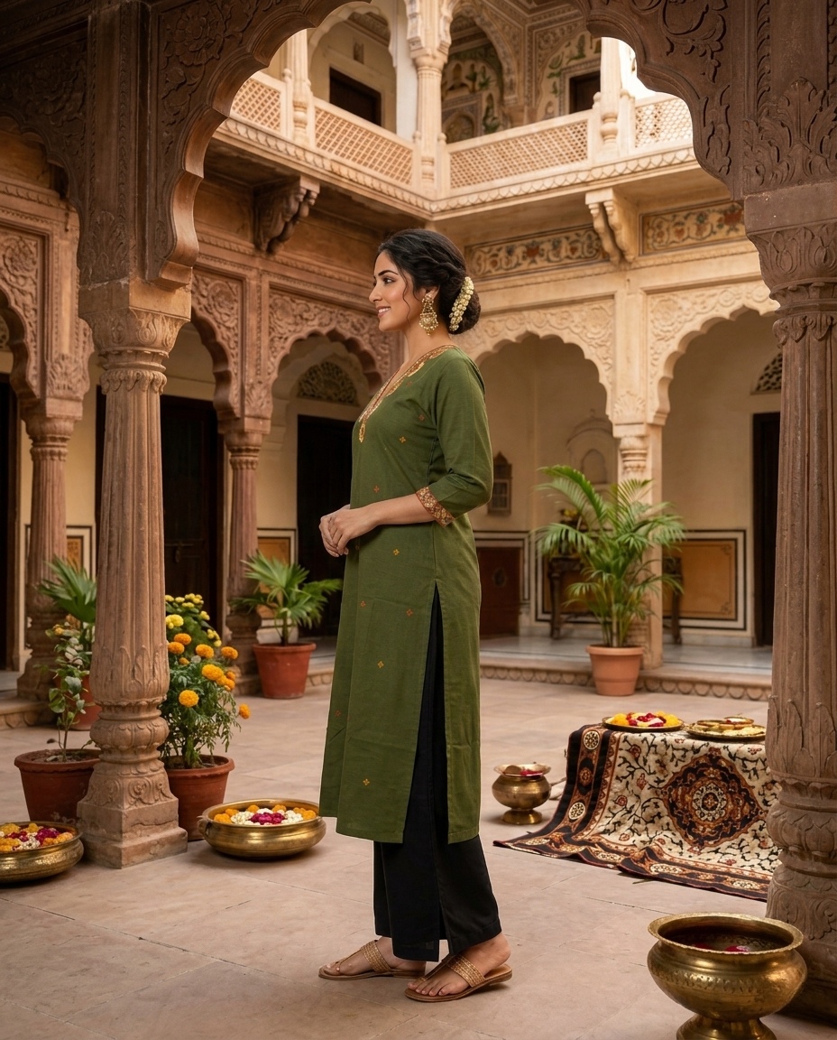 Kurti Long Cotton Slub Work SKU - CAC-KL-CSW-G-1084
