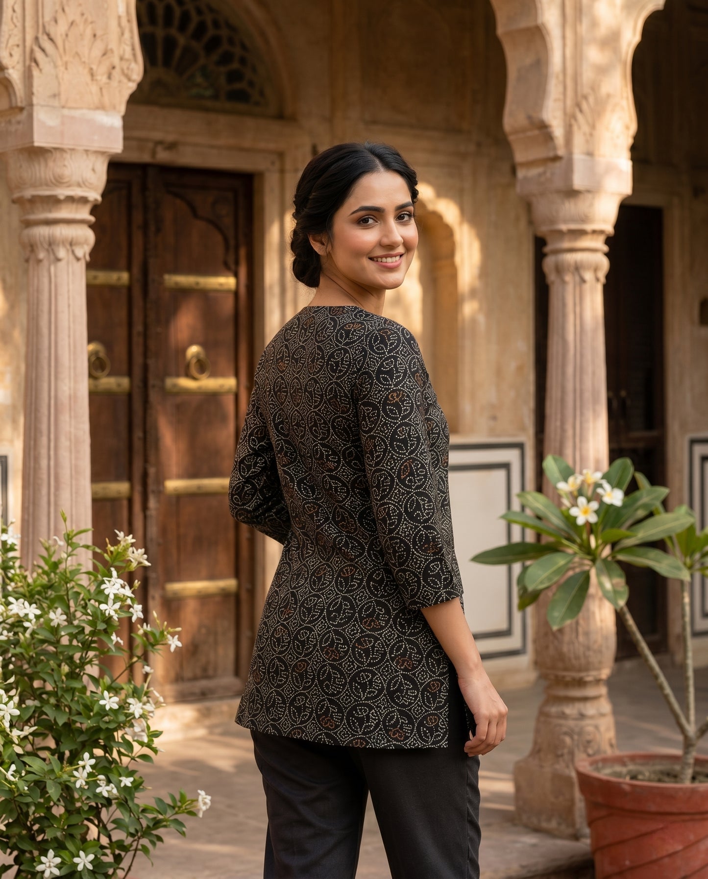 Black Bandhani Modal Short Kurti for Women CAC-KS-BM-B-142