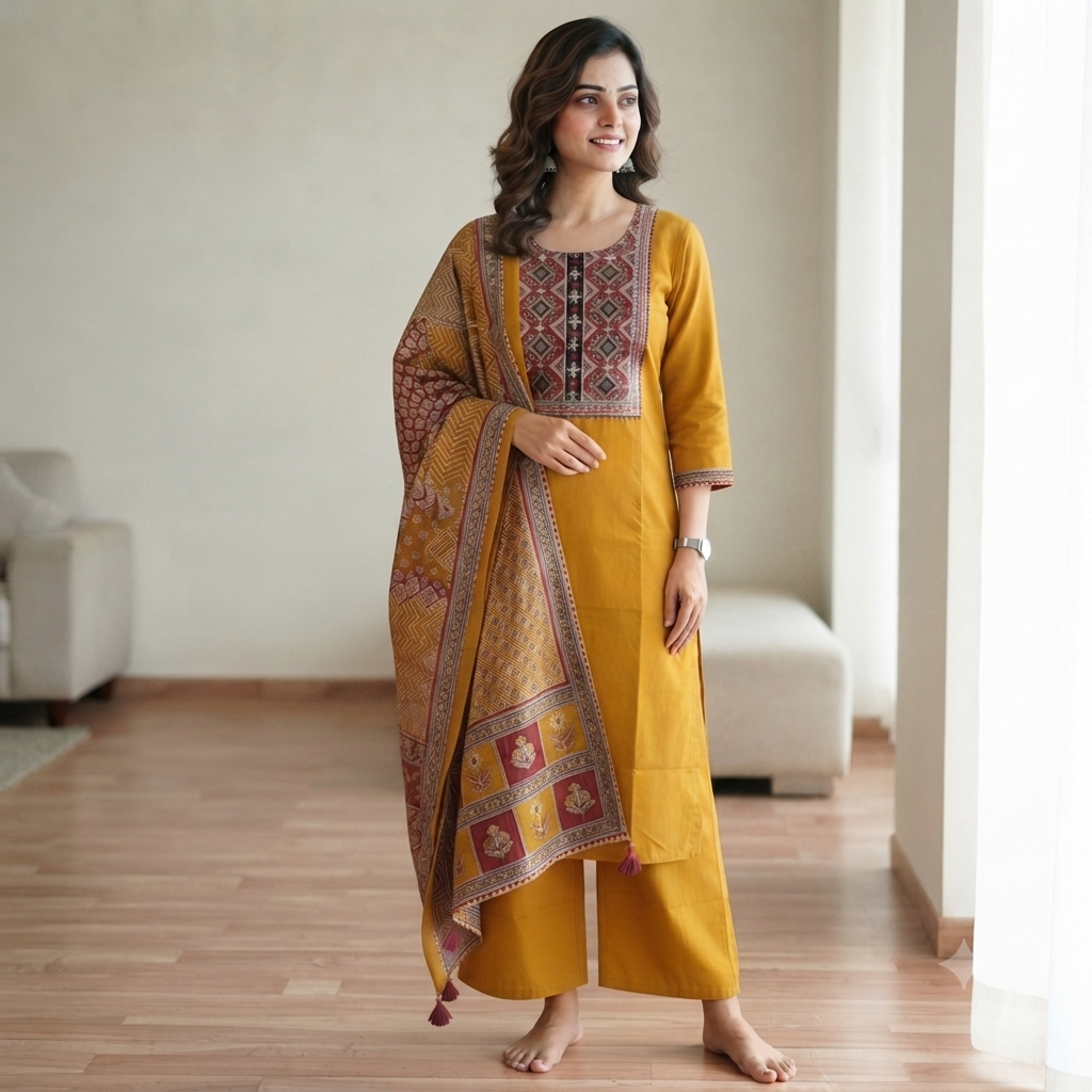 Women's Mustard Printed Cotton 3 Piece Kurta Set SKU CAC-K3P-MY-1