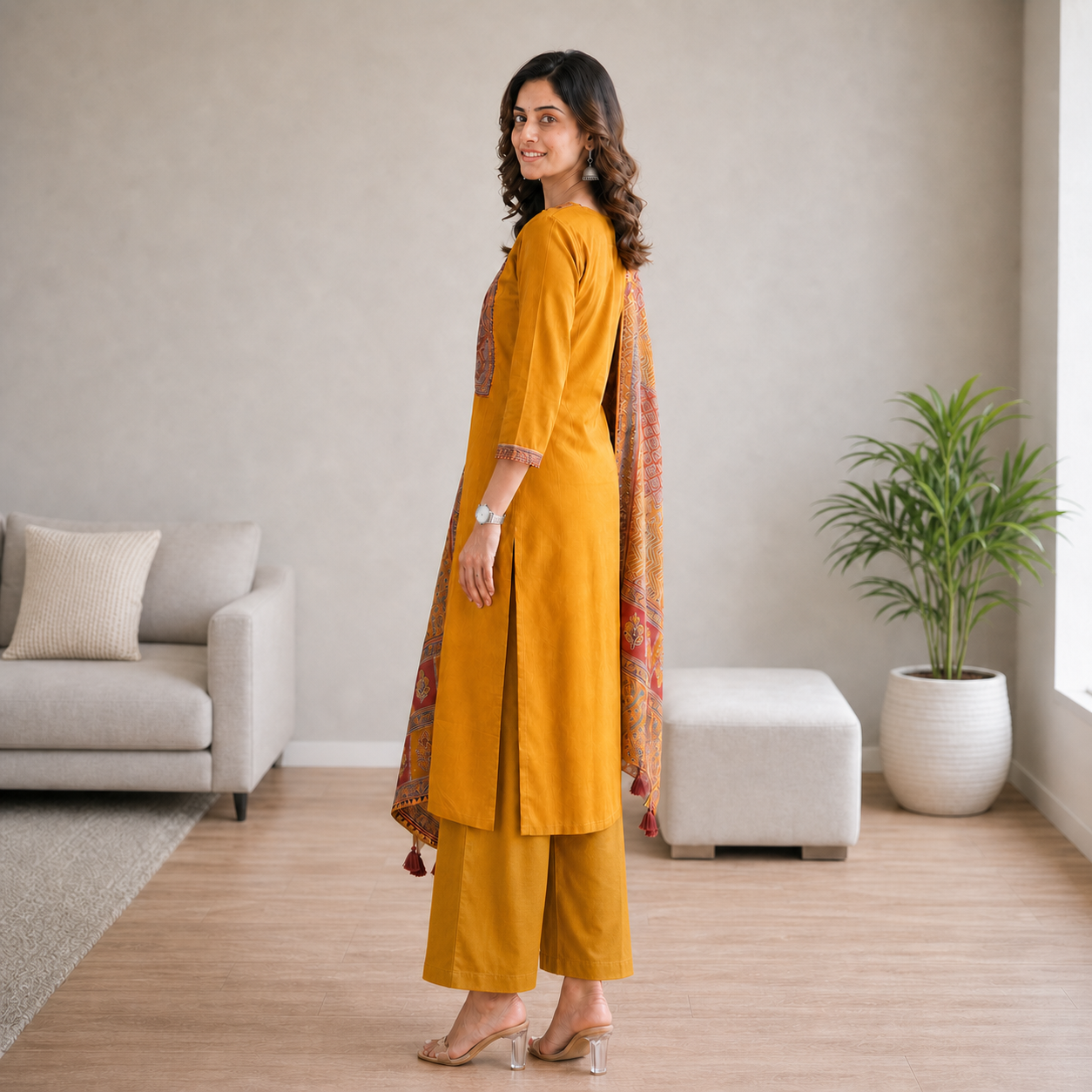 Women's Mustard Printed Cotton 3 Piece Kurta Set SKU CAC-K3P-MY-1