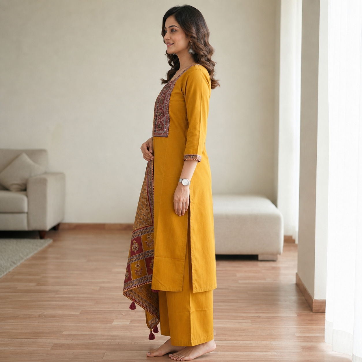 Women's Mustard Printed Cotton 3 Piece Kurta Set SKU CAC-K3P-MY-1