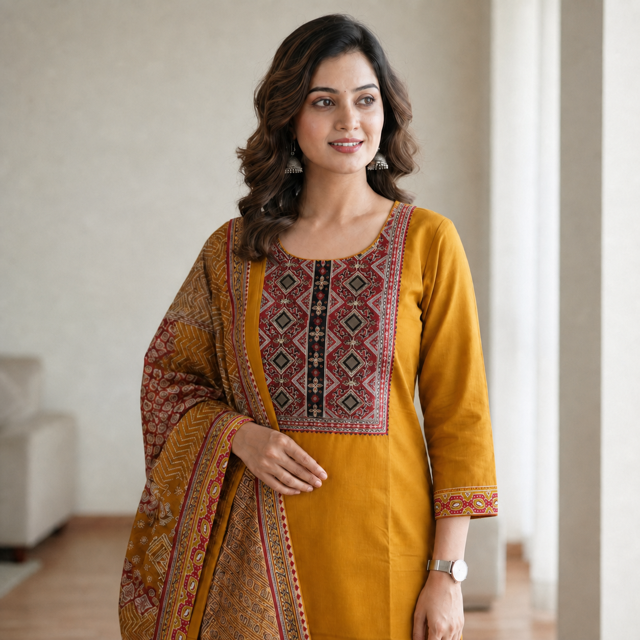 Women's Mustard Printed Cotton 3 Piece Kurta Set SKU CAC-K3P-MY-1