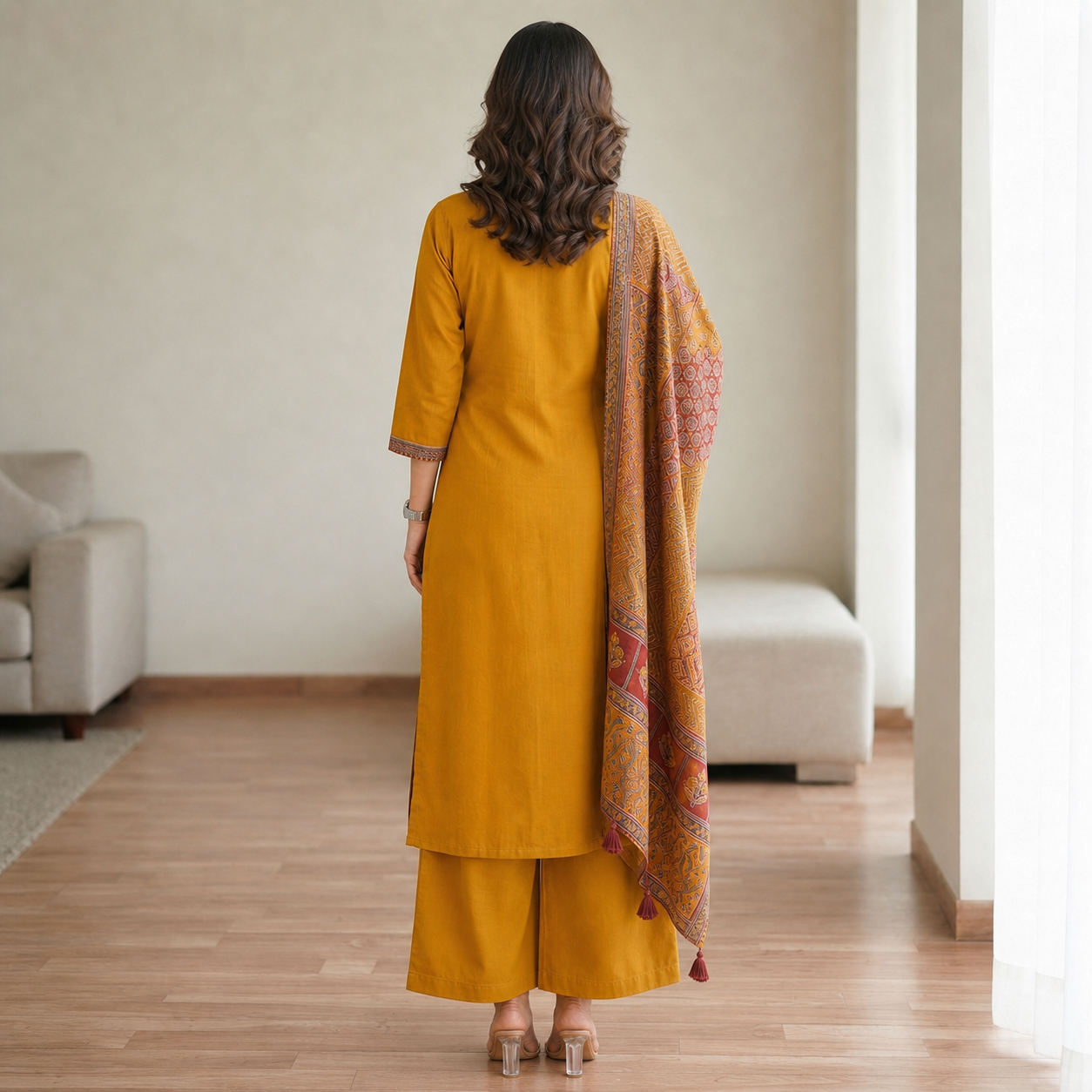 Women's Mustard Printed Cotton 3 Piece Kurta Set SKU CAC-K3P-MY-1