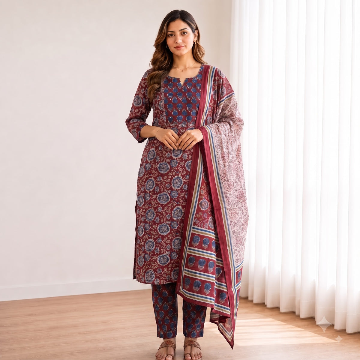 Cotton Maroon Floral Printed 3-Piece Kurta Set SKU CAC-K3P-FP-M-1