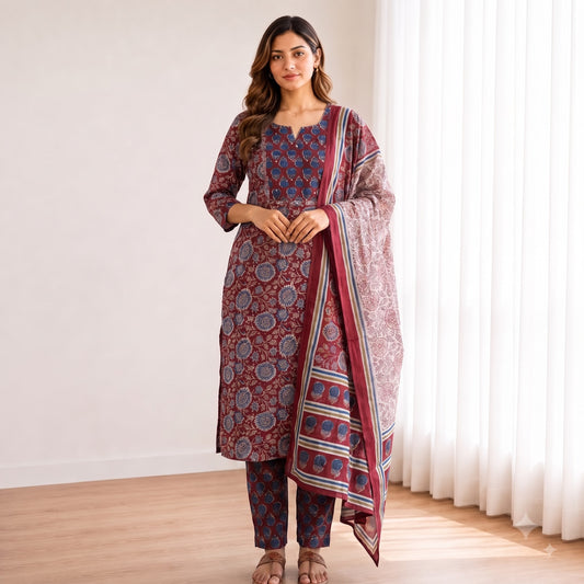 Cotton Maroon Floral Printed 3-Piece Kurta Set SKU CAC-K3P-FP-M-1