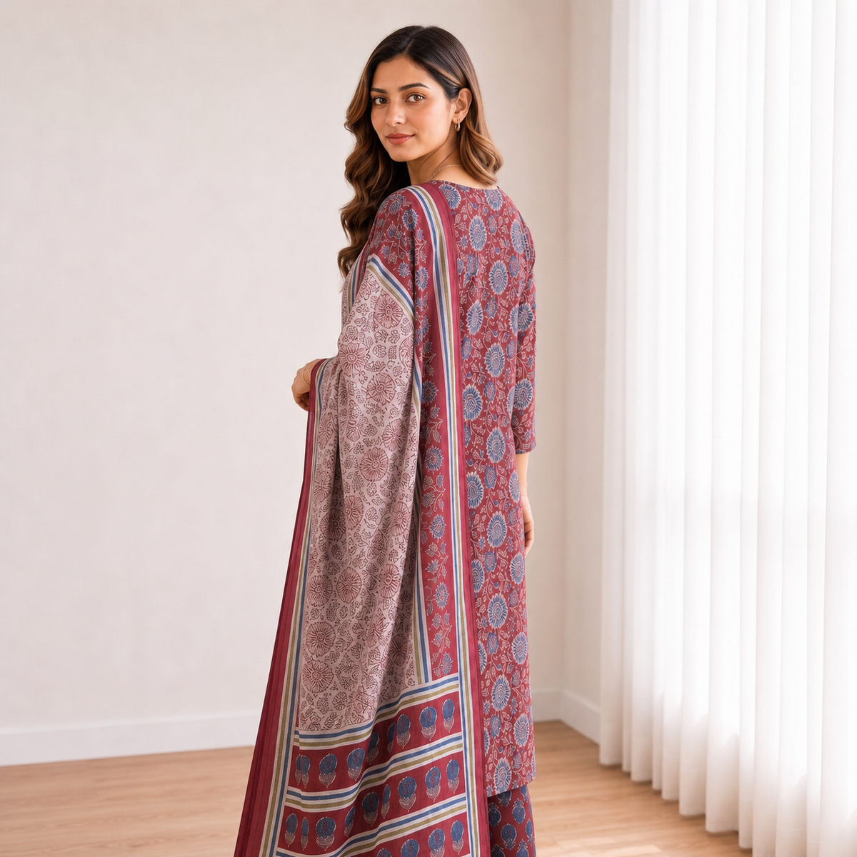 Cotton Maroon Floral Printed 3-Piece Kurta Set SKU CAC-K3P-FP-M-1