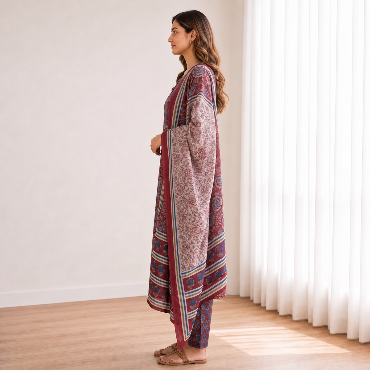 Cotton Maroon Floral Printed 3-Piece Kurta Set SKU CAC-K3P-FP-M-1