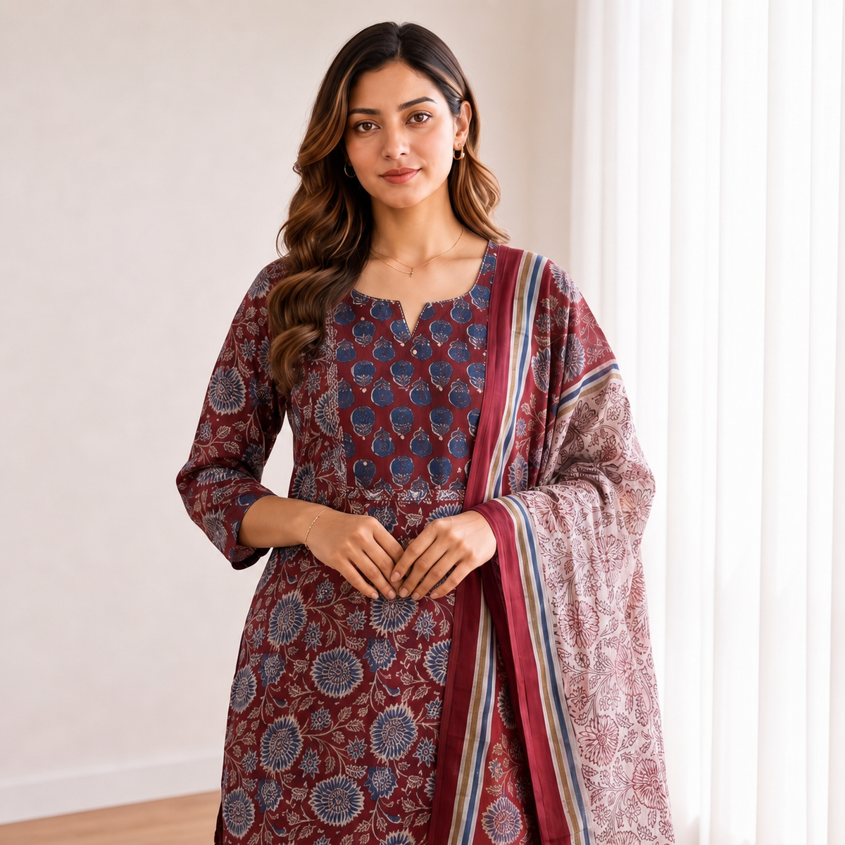 Cotton Maroon Floral Printed 3-Piece Kurta Set SKU CAC-K3P-FP-M-1