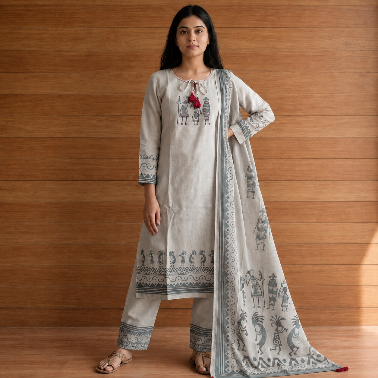 Women's Light Grey Cotton 3 Piece Kurta Set with Printed Dupatta SKU CAC-K3P-C-G-1