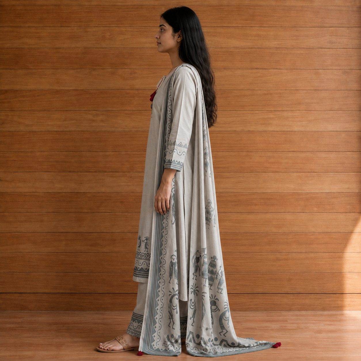Women's Light Grey Cotton 3 Piece Kurta Set with Printed Dupatta SKU CAC-K3P-C-G-1