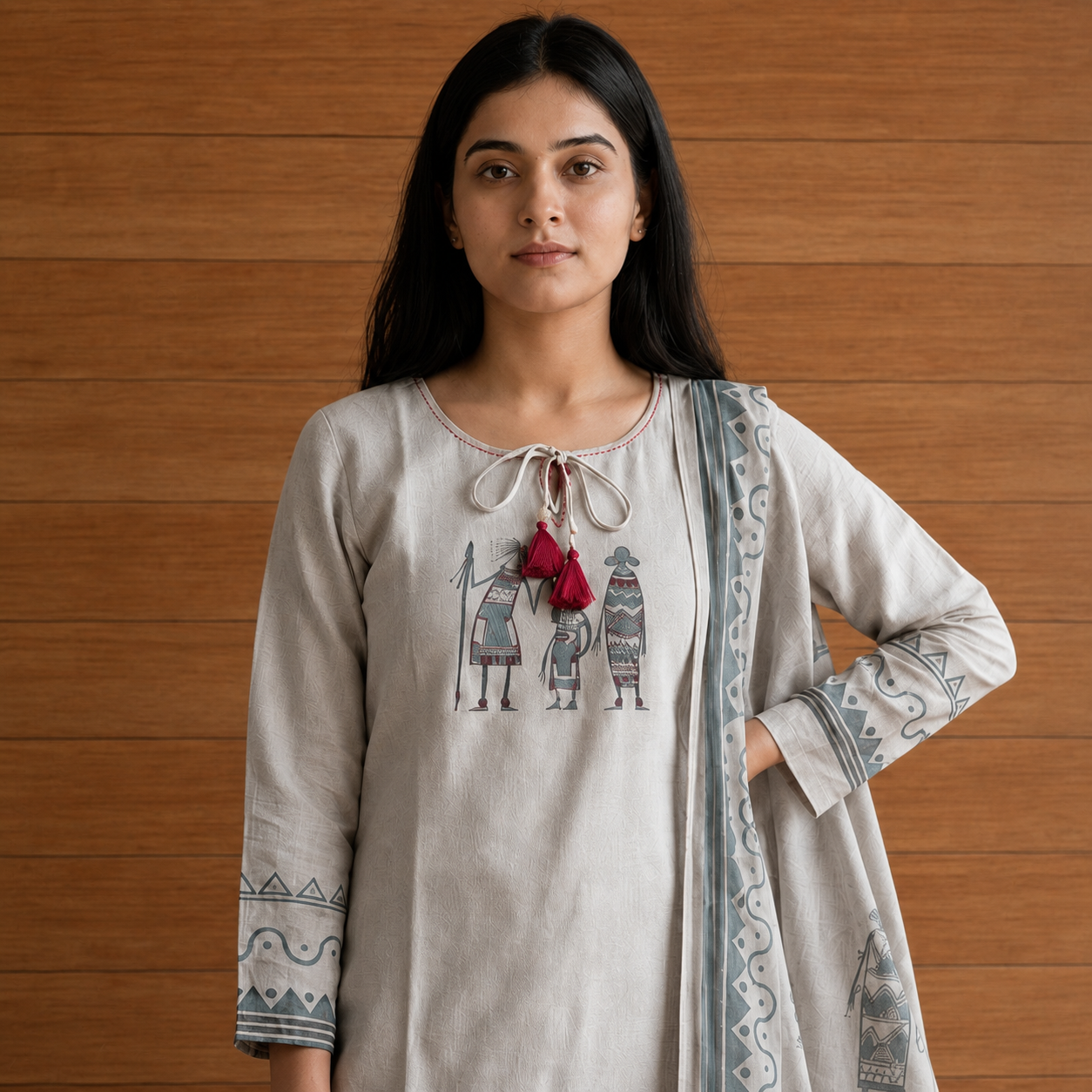 Women's Light Grey Cotton 3 Piece Kurta Set with Printed Dupatta SKU CAC-K3P-C-G-1
