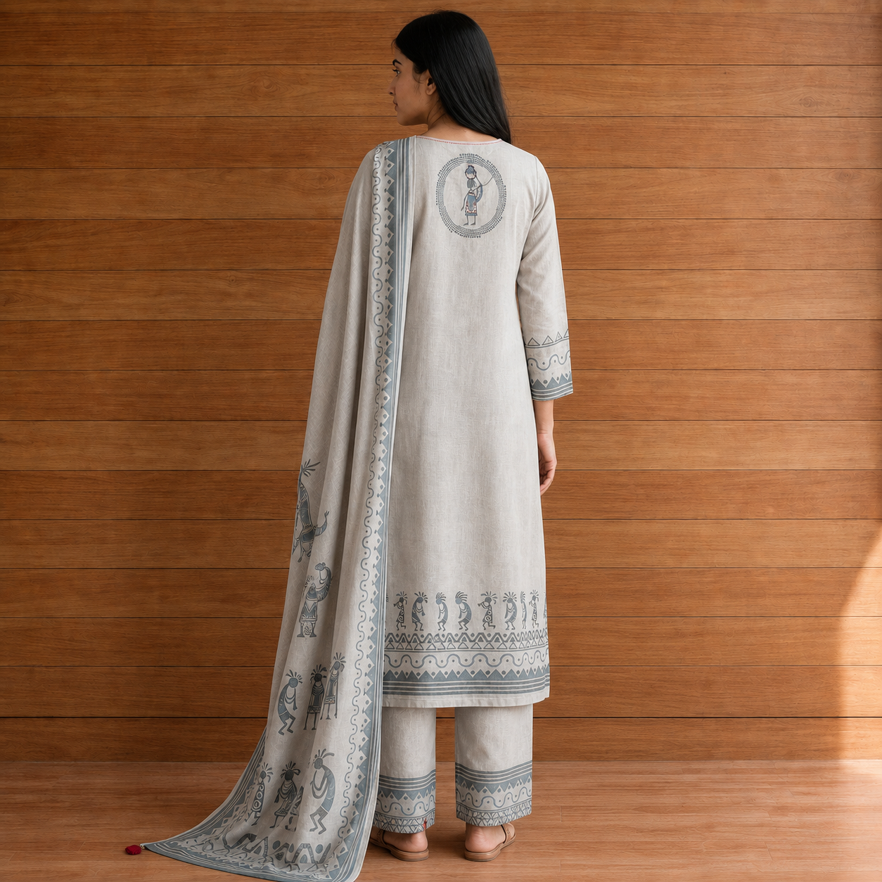Women's Light Grey Cotton 3 Piece Kurta Set with Printed Dupatta SKU CAC-K3P-C-G-1