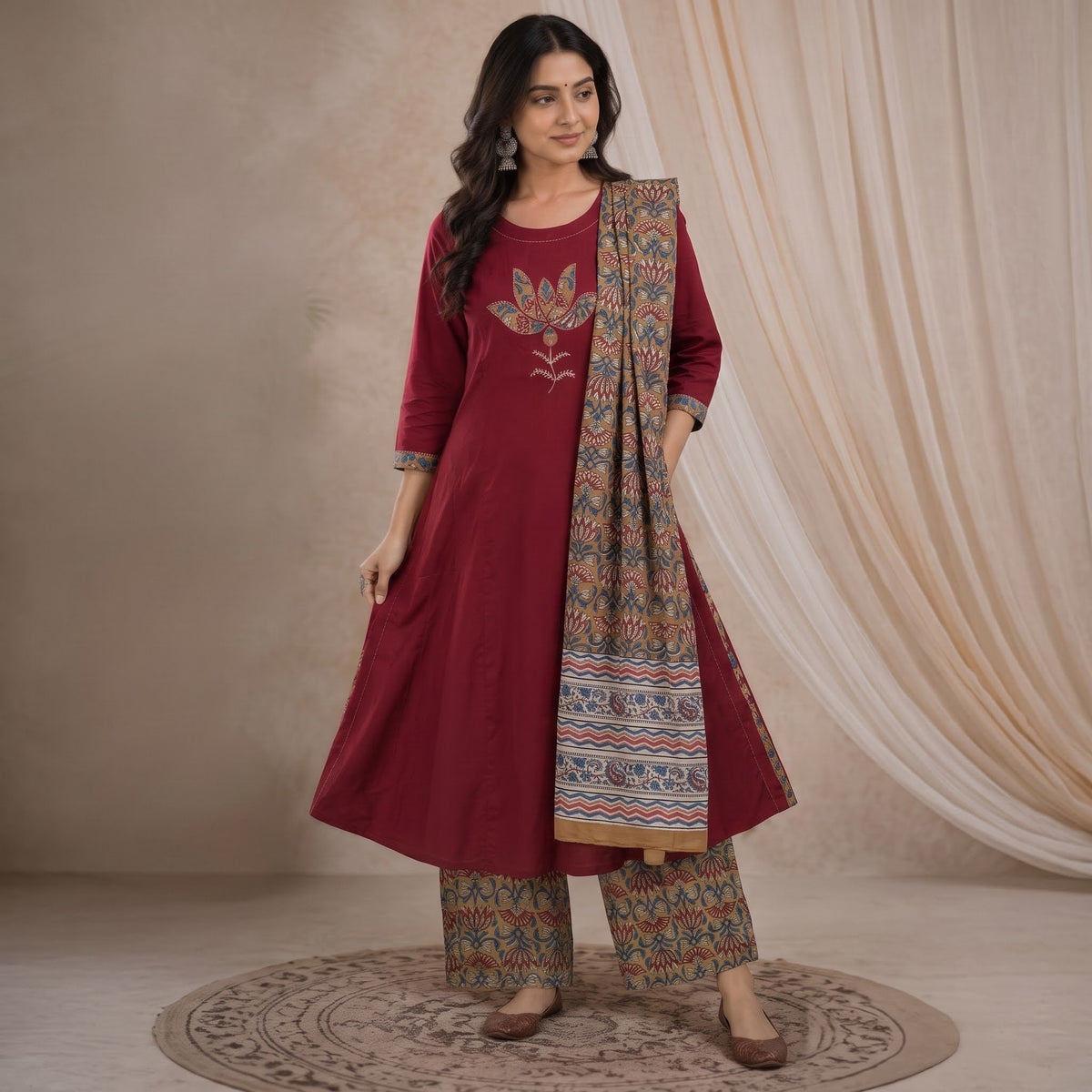 Cotton Maroon Printed 3-Piece Kurta Set with Dupatta SKU CAC-K3P-C-M-1