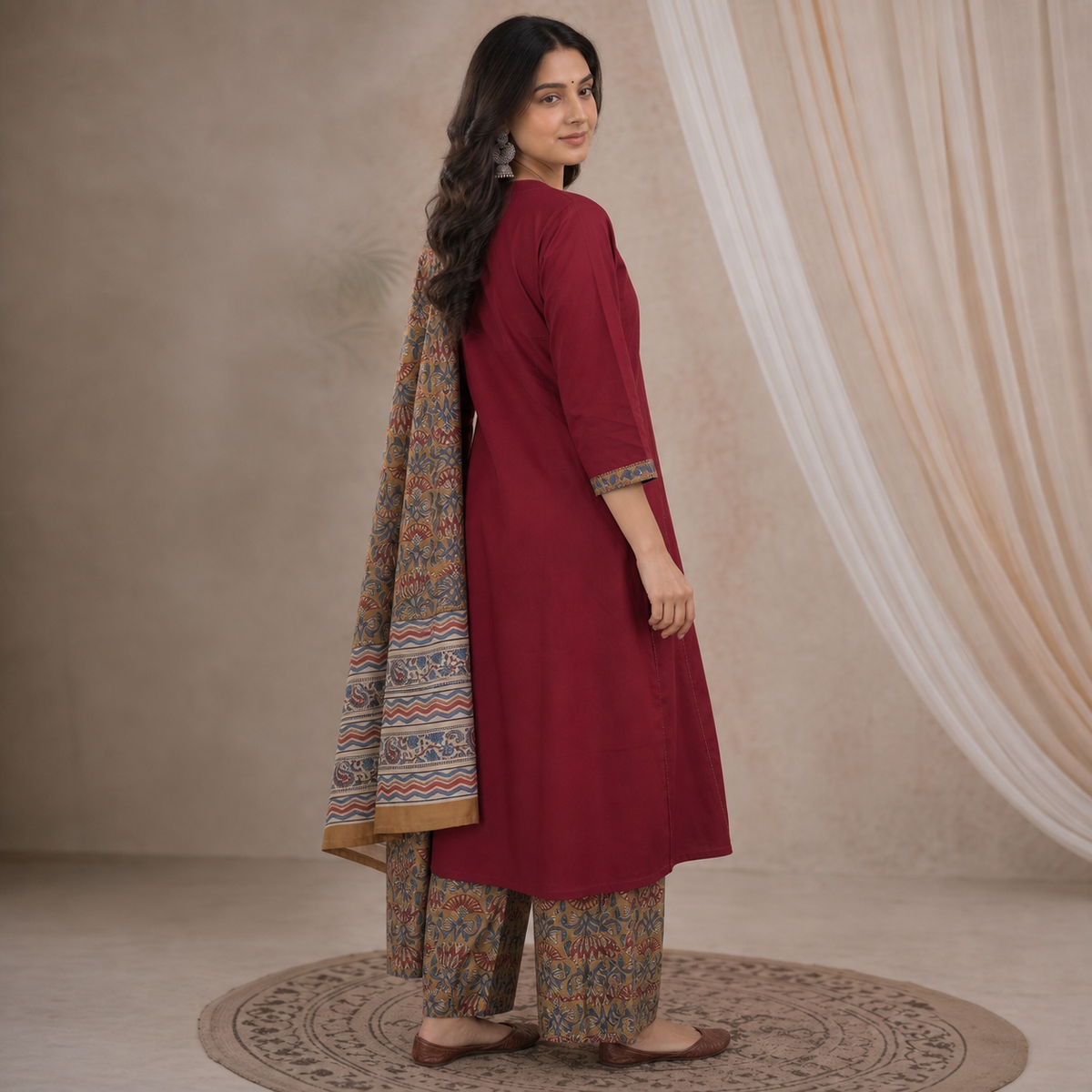 Cotton Maroon Printed 3-Piece Kurta Set with Dupatta SKU CAC-K3P-C-M-1