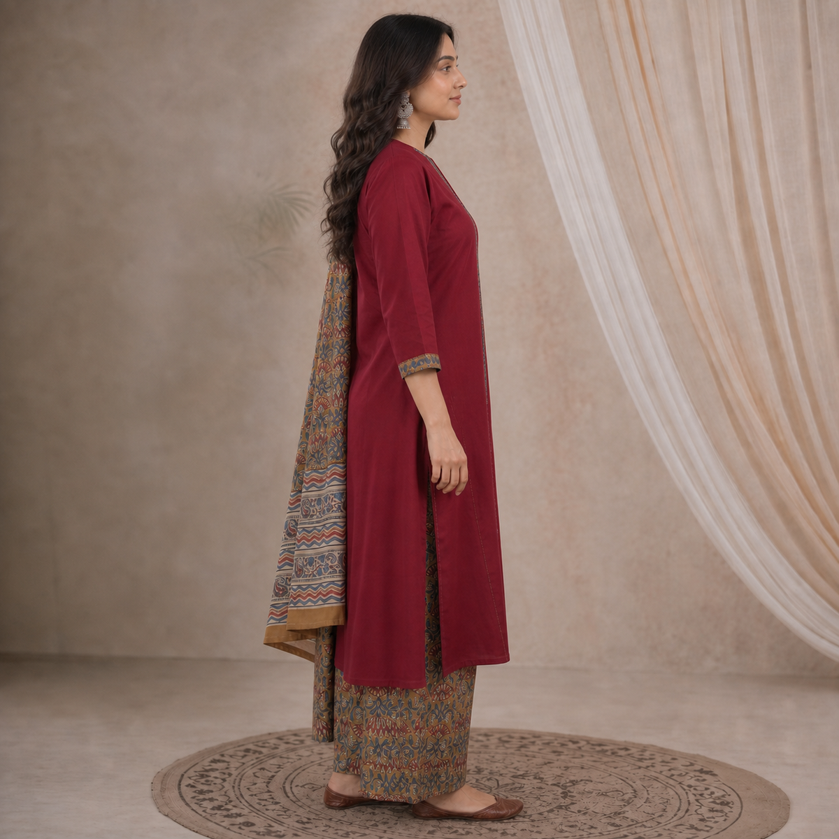 Cotton Maroon Printed 3-Piece Kurta Set with Dupatta SKU CAC-K3P-C-M-1